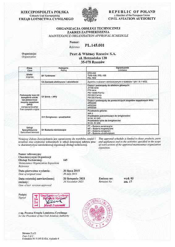 PL.145.001 Certyfikat Organizacji Obsługowej PART-145 Str. 2.jpg [3.52 MB]