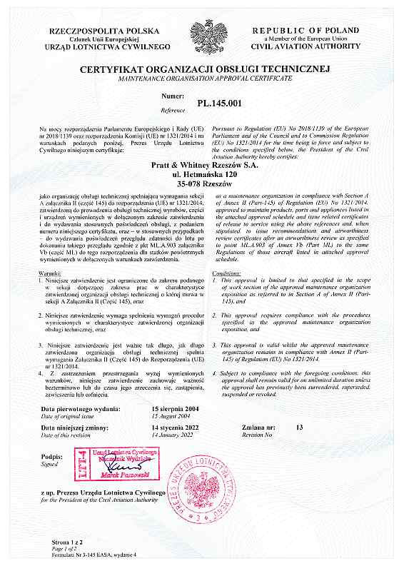 PL.145.001 Certyfikat Organizacji Obsługowej PART-145 Str. 1.jpg [3.74 MB]
